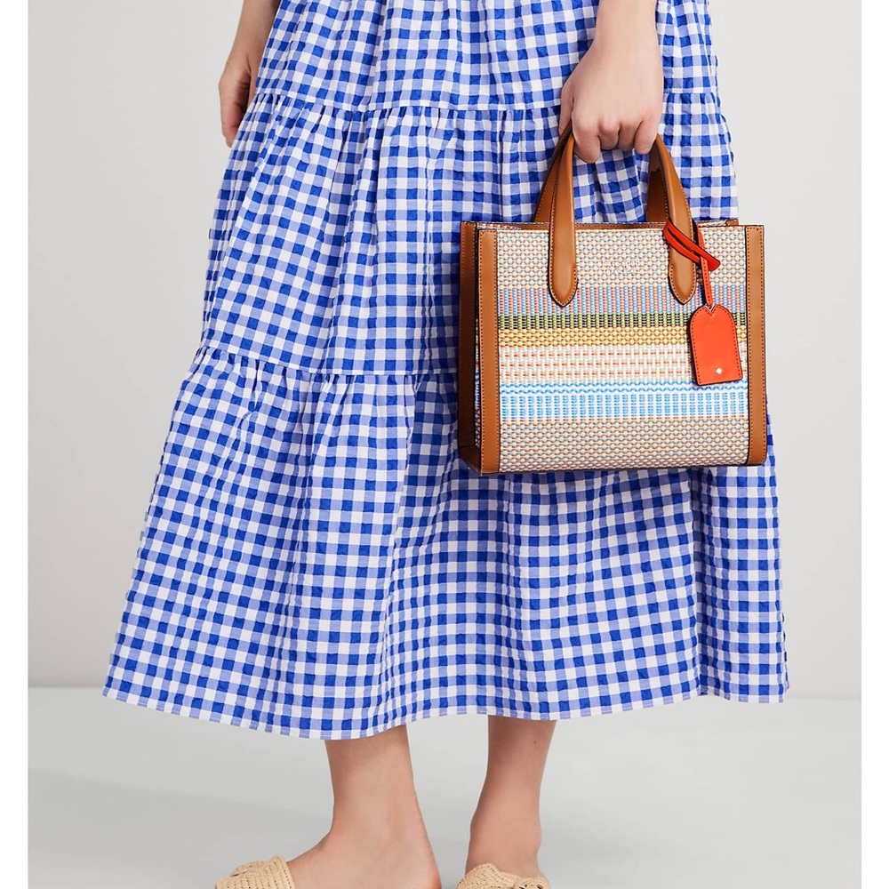 kate spade Multicolor Woven Stripe Tote with Brown Trim and Orange Tag - Picture 5 of 9